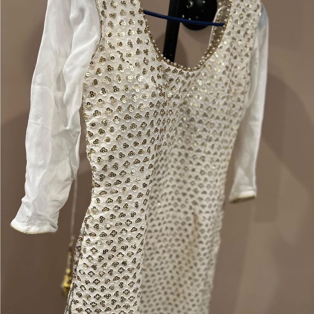 Elegant White and Gold Embellished Dress